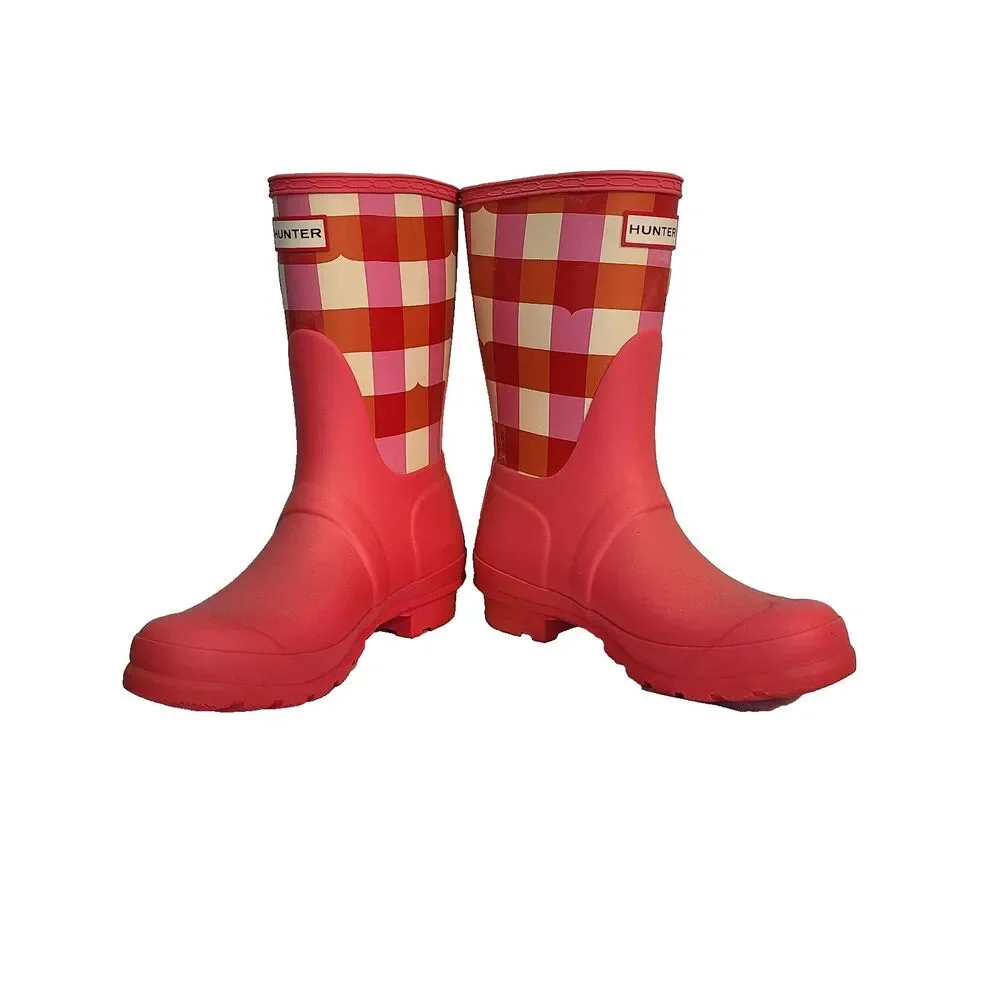 Hunter Original Short Gingham Plaid Rubber Boots Arcade Pink 7 Festival Preppy